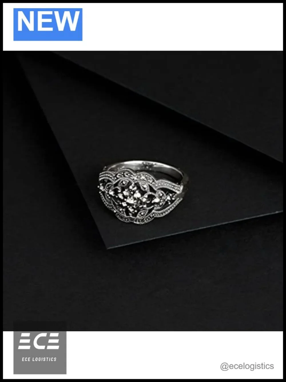 Sterling Silver 925 Art Nouveau Marcasite Filigree Statement Ring